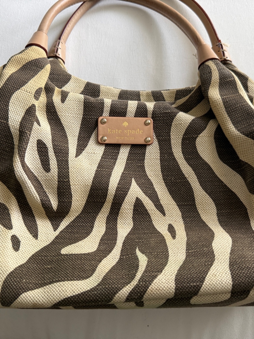 kate spade Beige and Brown Zebra-Print Canvas Shoulder Bag with Leather Handles
